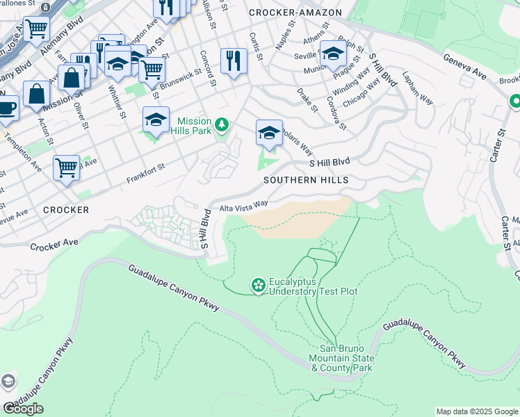 map of restaurants, bars, coffee shops, grocery stores, and more near 217 Alta Vista Way in Daly City