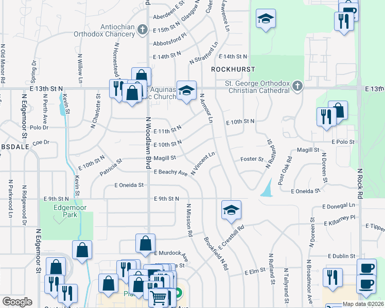 map of restaurants, bars, coffee shops, grocery stores, and more near 6605 Magill Street in Wichita
