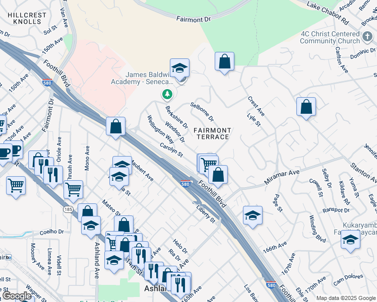 map of restaurants, bars, coffee shops, grocery stores, and more near 16153 Windsor Drive in San Leandro