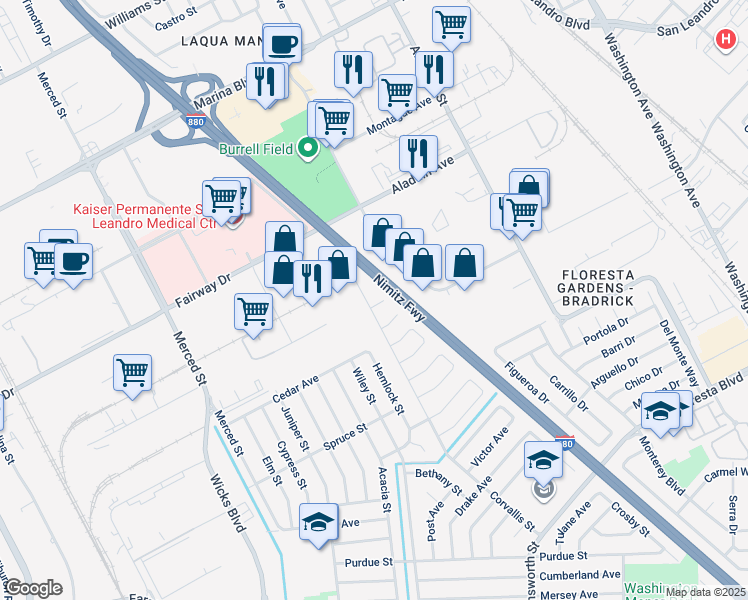 map of restaurants, bars, coffee shops, grocery stores, and more near 14084 Corvallis Street in San Leandro