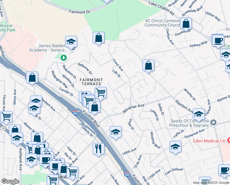 map of restaurants, bars, coffee shops, grocery stores, and more near 2366 Prosperity Way in San Leandro