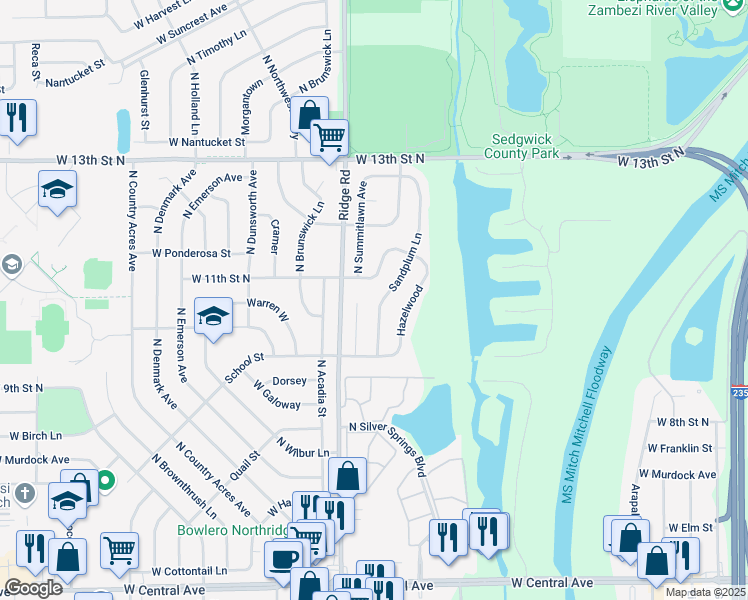 map of restaurants, bars, coffee shops, grocery stores, and more near 1133 Sandplum Lane in Wichita