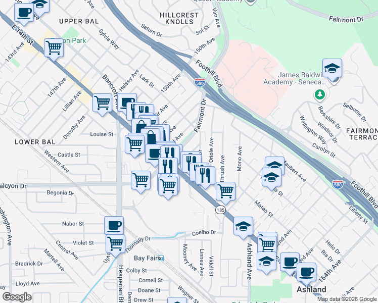map of restaurants, bars, coffee shops, grocery stores, and more near 1477 155th Avenue in San Leandro