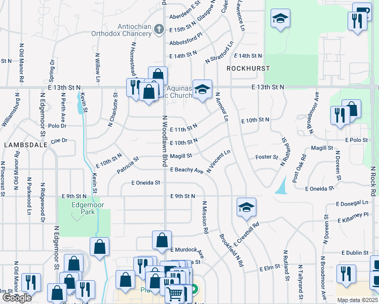 map of restaurants, bars, coffee shops, grocery stores, and more near 6510 Magill Street in Wichita