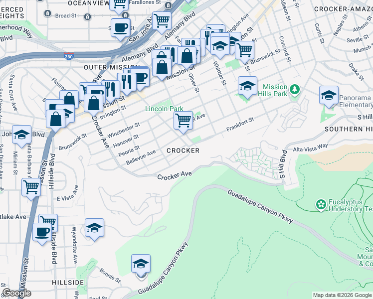 map of restaurants, bars, coffee shops, grocery stores, and more near 21 Alexander Avenue in Daly City