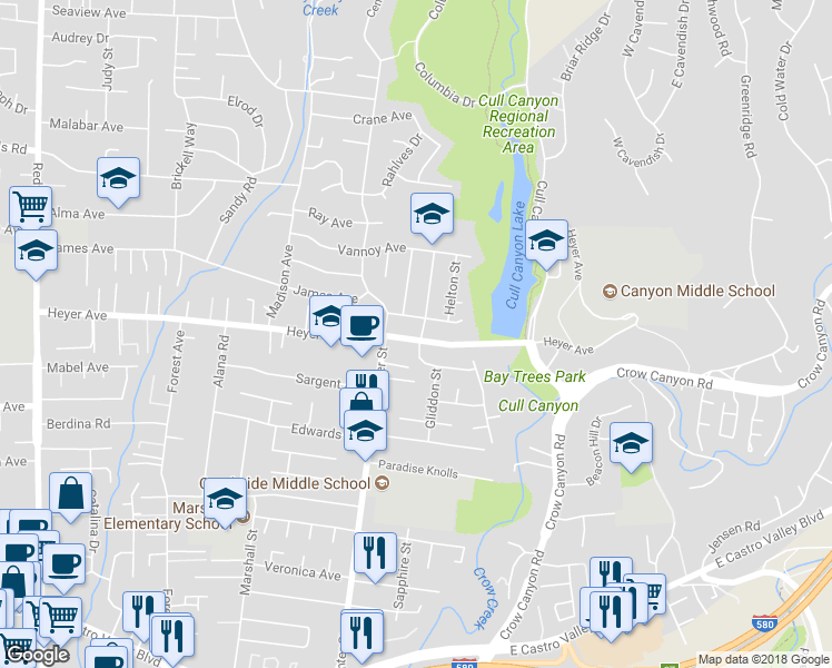 map of restaurants, bars, coffee shops, grocery stores, and more near 19173 Gliddon Street in Castro Valley