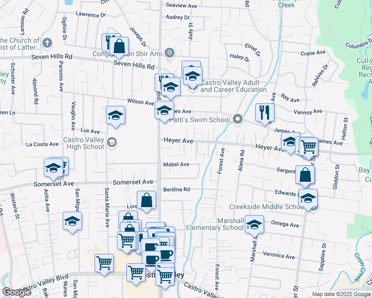 map of restaurants, bars, coffee shops, grocery stores, and more near 19486 Xenie Court in Castro Valley