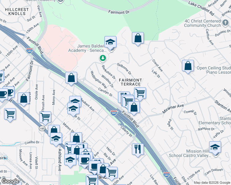 map of restaurants, bars, coffee shops, grocery stores, and more near 16153 Windsor Drive in San Leandro