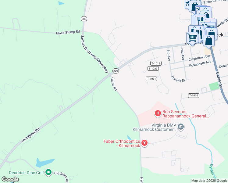 map of restaurants, bars, coffee shops, grocery stores, and more near 86 Harris Road in Kilmarnock