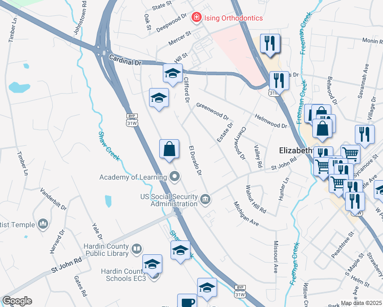 map of restaurants, bars, coffee shops, grocery stores, and more near 616 El Dorado Drive in Elizabethtown