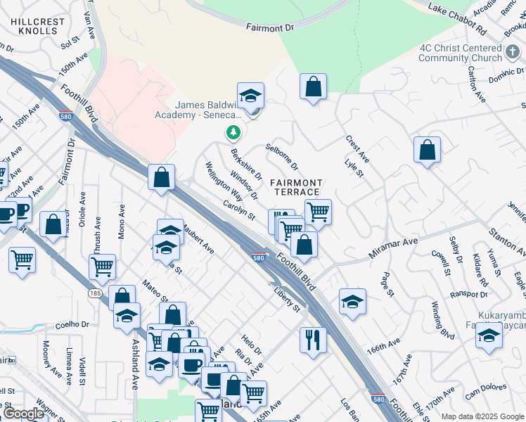 map of restaurants, bars, coffee shops, grocery stores, and more near 16153 Windsor Drive in San Leandro