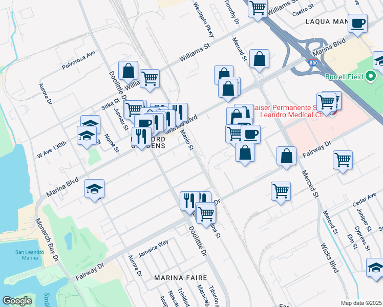 map of restaurants, bars, coffee shops, grocery stores, and more near 2001 West Ave 134th in San Leandro