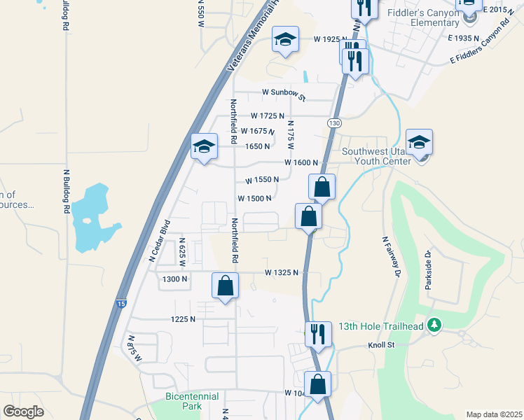 map of restaurants, bars, coffee shops, grocery stores, and more near Cedar Park Circle in Cedar City