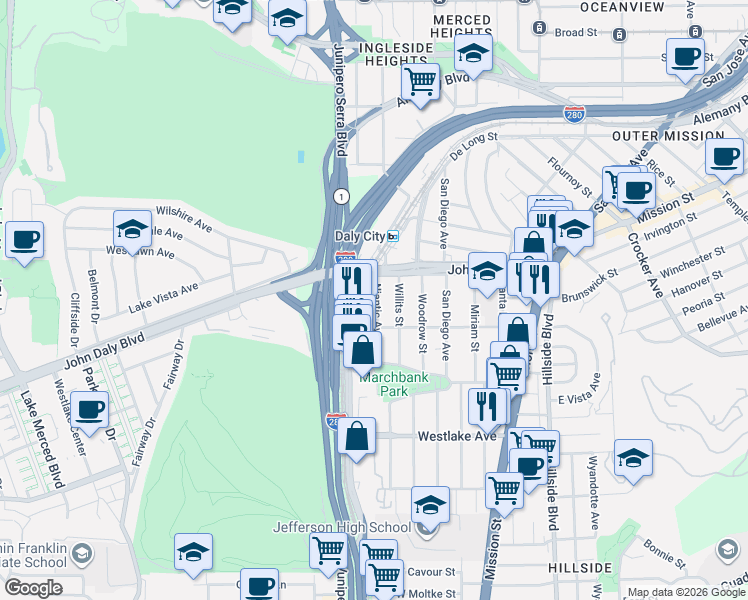 map of restaurants, bars, coffee shops, grocery stores, and more near 52 Willits Street in Daly City