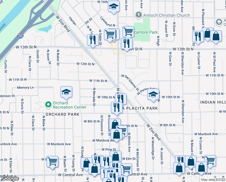 map of restaurants, bars, coffee shops, grocery stores, and more near 4023 West Memory Lane in Wichita