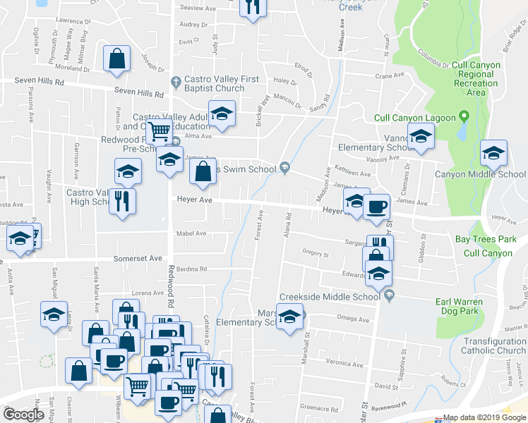 map of restaurants, bars, coffee shops, grocery stores, and more near 19540 Forest Avenue in Castro Valley