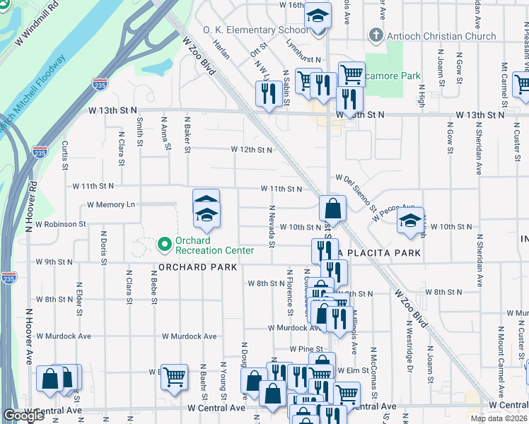 map of restaurants, bars, coffee shops, grocery stores, and more near 4309 West Memory Lane in Wichita