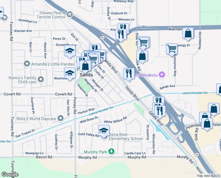 map of restaurants, bars, coffee shops, grocery stores, and more near 4607 McGinn Avenue in Salida
