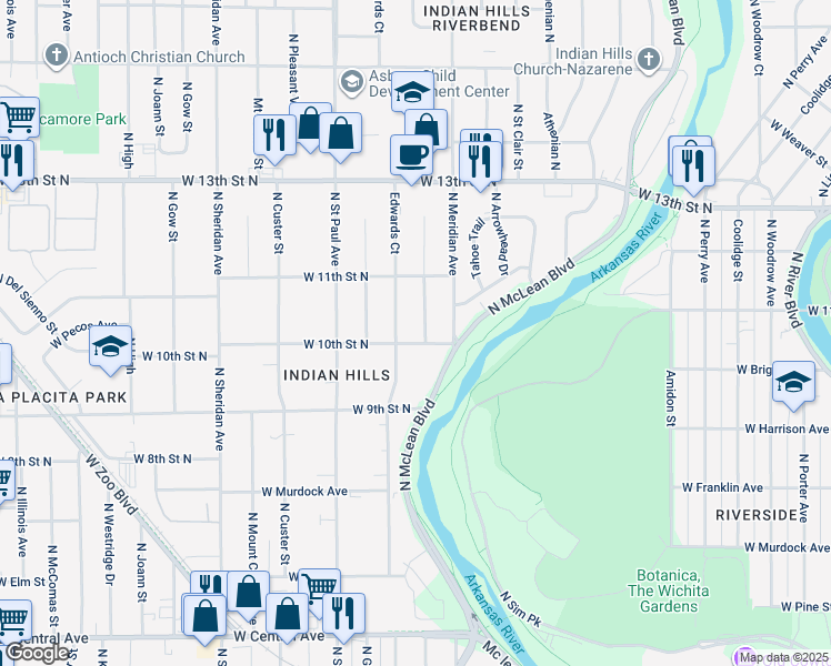 map of restaurants, bars, coffee shops, grocery stores, and more near 2638 West 10th Street North in Wichita