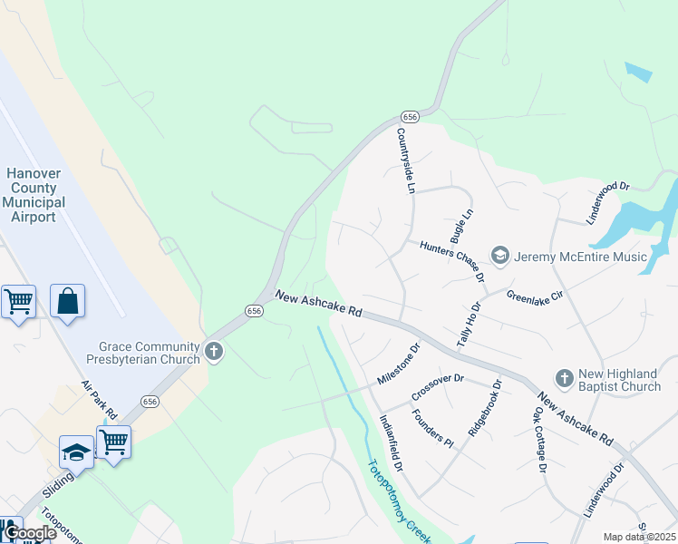 map of restaurants, bars, coffee shops, grocery stores, and more near 9332 New Ashcake Road in Mechanicsville