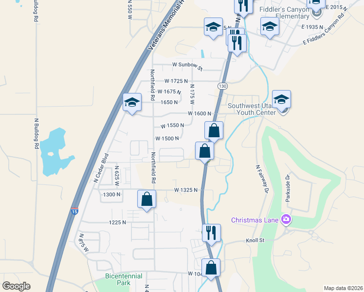 map of restaurants, bars, coffee shops, grocery stores, and more near 3440 1425 North Street in Cedar City