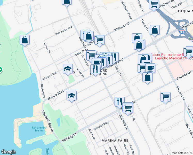 map of restaurants, bars, coffee shops, grocery stores, and more near 2274 Marina Boulevard in San Leandro