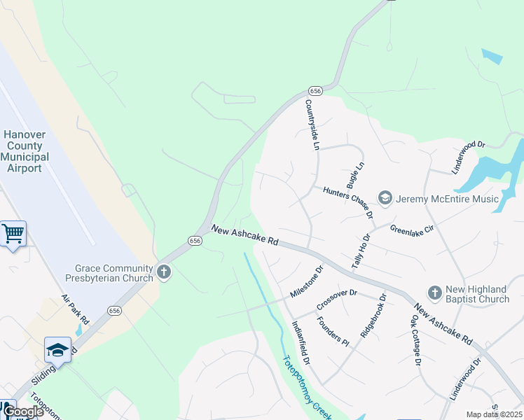 map of restaurants, bars, coffee shops, grocery stores, and more near 9332 New Ashcake Road in Mechanicsville