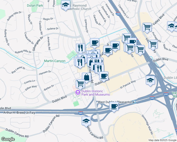 map of restaurants, bars, coffee shops, grocery stores, and more near 7236 San Ramon Road in Dublin