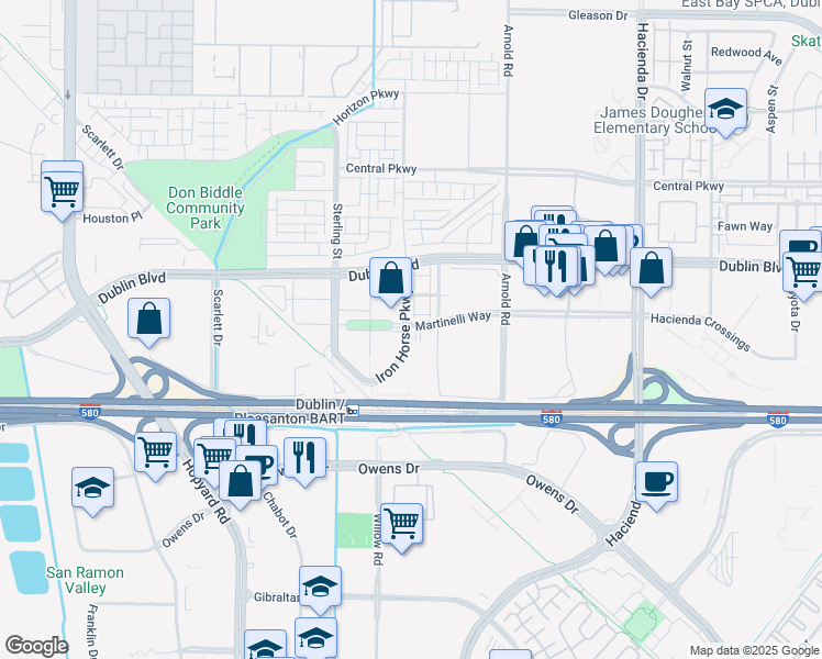 map of restaurants, bars, coffee shops, grocery stores, and more near 5353 Martinelli Way in Dublin