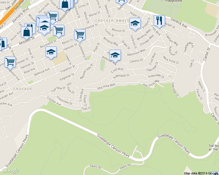 map of restaurants, bars, coffee shops, grocery stores, and more near 185 Alta Vista Way in Daly City