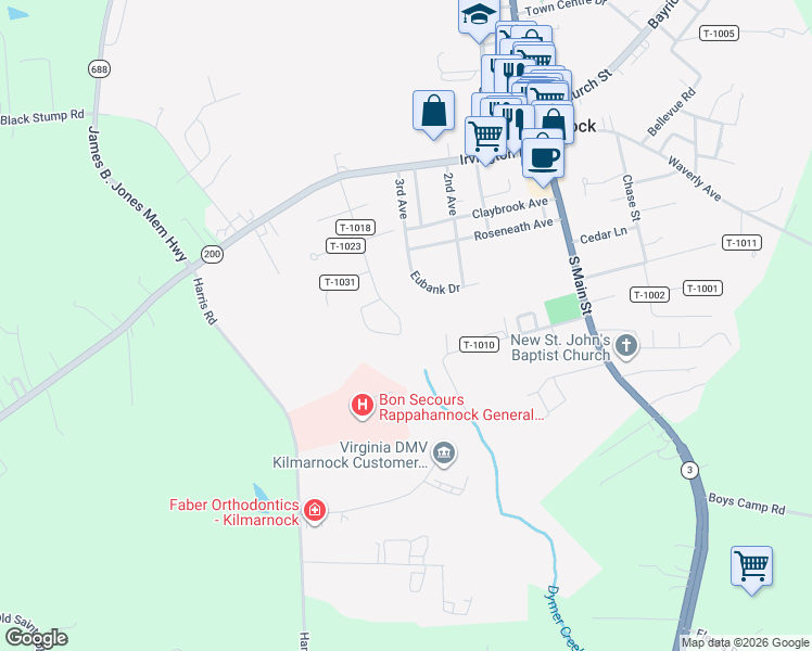 map of restaurants, bars, coffee shops, grocery stores, and more near 238-250 Walnut Drive in Kilmarnock