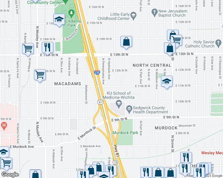 map of restaurants, bars, coffee shops, grocery stores, and more near 1701 E 11th St N in Wichita