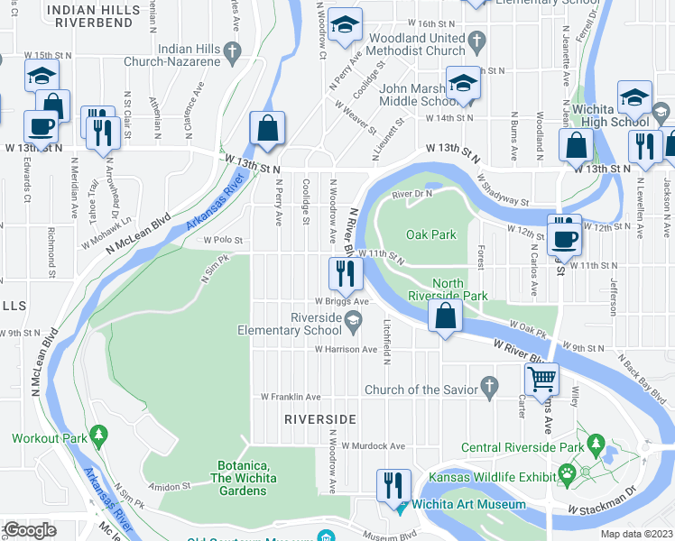 map of restaurants, bars, coffee shops, grocery stores, and more near 1155 North River Boulevard in Wichita