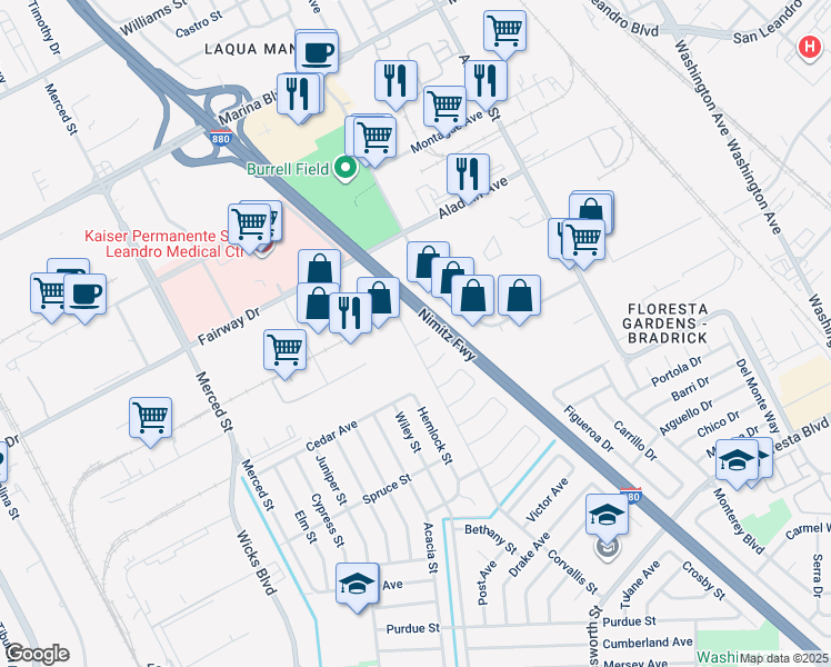 map of restaurants, bars, coffee shops, grocery stores, and more near 14084 Corvallis Street in San Leandro