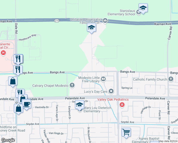 map of restaurants, bars, coffee shops, grocery stores, and more near 2301 Bangs Avenue in Modesto