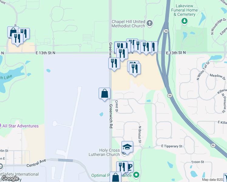 map of restaurants, bars, coffee shops, grocery stores, and more near 11332 East Pine Meadow Court in Wichita