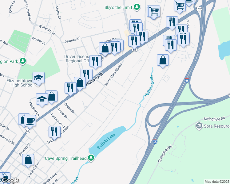map of restaurants, bars, coffee shops, grocery stores, and more near 100 Rita May Court in Elizabethtown