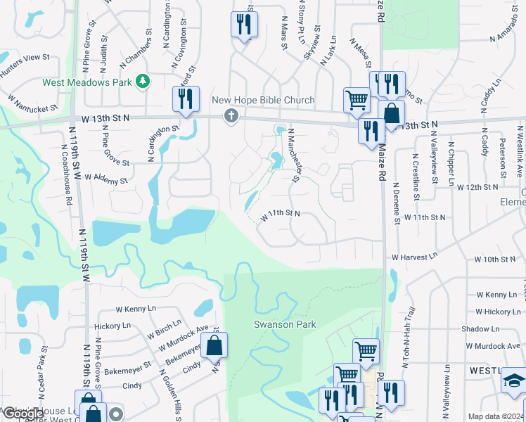 map of restaurants, bars, coffee shops, grocery stores, and more near 11002 11th Street Court in Wichita