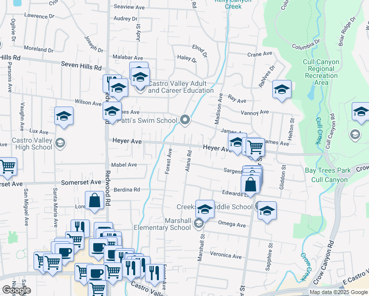 map of restaurants, bars, coffee shops, grocery stores, and more near 4469 Heyer Avenue in Castro Valley