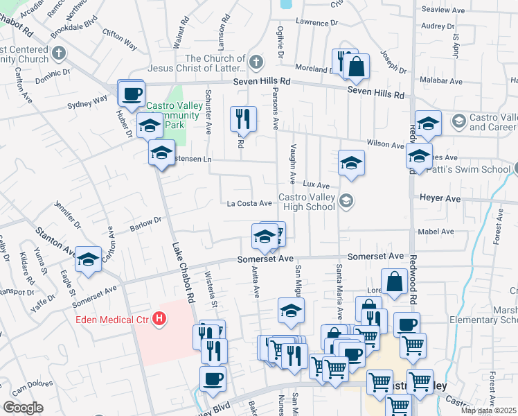 map of restaurants, bars, coffee shops, grocery stores, and more near 3731 La Costa Avenue in Castro Valley