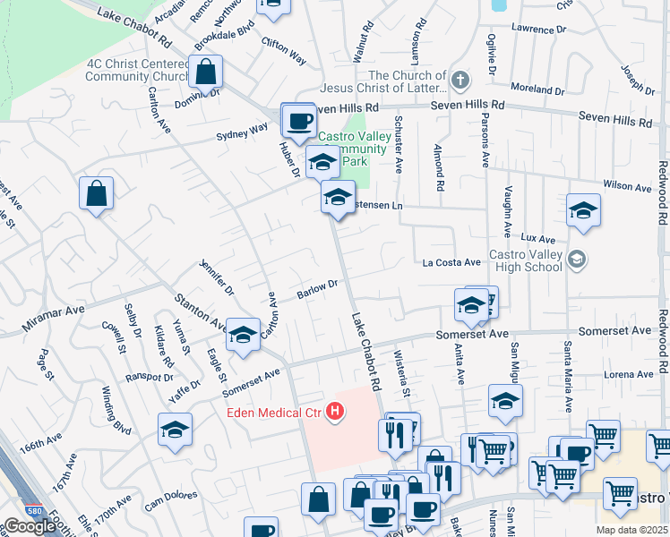 map of restaurants, bars, coffee shops, grocery stores, and more near 2780 Barlow Drive in Castro Valley
