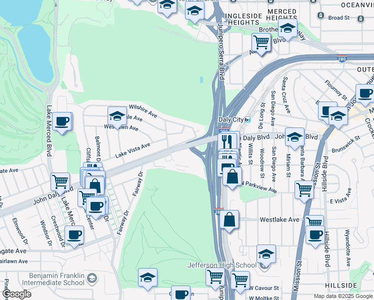 map of restaurants, bars, coffee shops, grocery stores, and more near 65 Poncetta Drive in Daly City