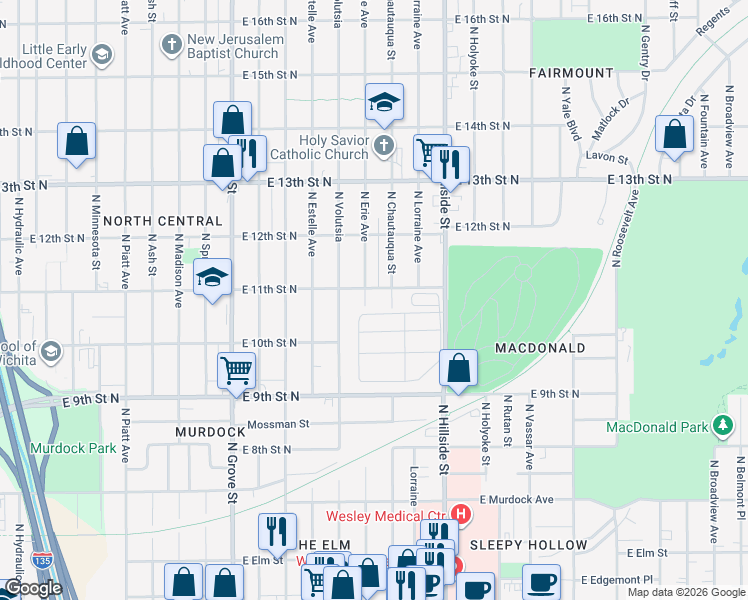 map of restaurants, bars, coffee shops, grocery stores, and more near 1138 North Erie Street in Wichita