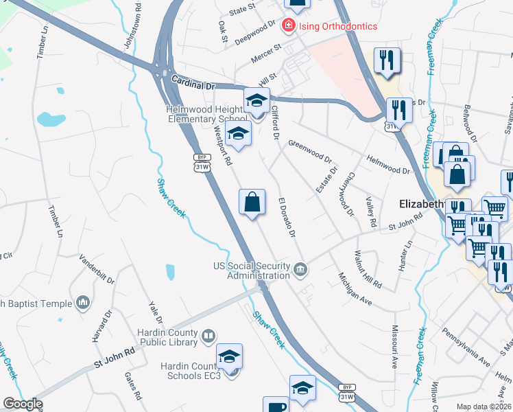 map of restaurants, bars, coffee shops, grocery stores, and more near 625 Westport Road in Elizabethtown