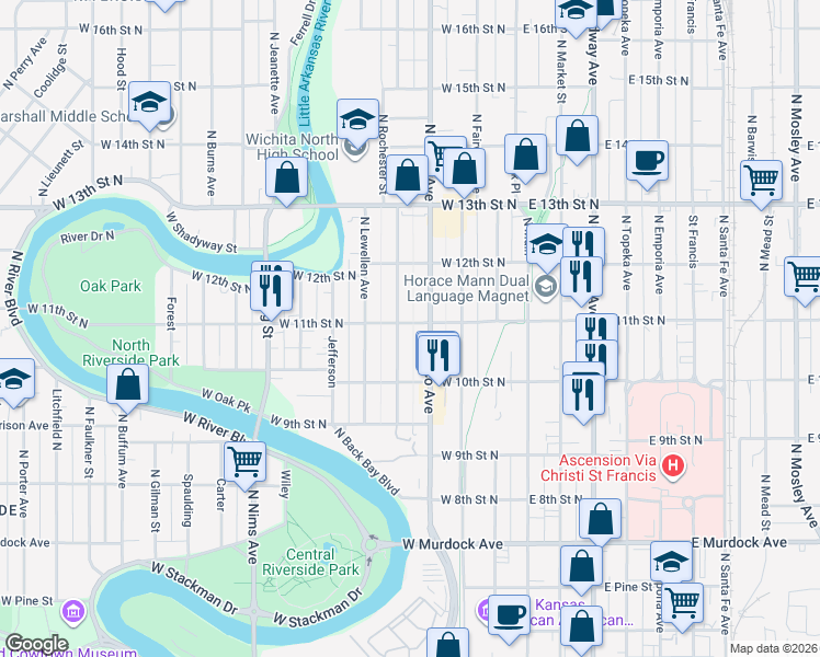 map of restaurants, bars, coffee shops, grocery stores, and more near 1145 North Waco Avenue in Wichita