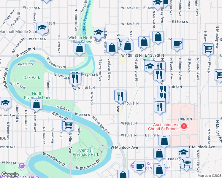map of restaurants, bars, coffee shops, grocery stores, and more near 1145 North Waco Avenue in Wichita