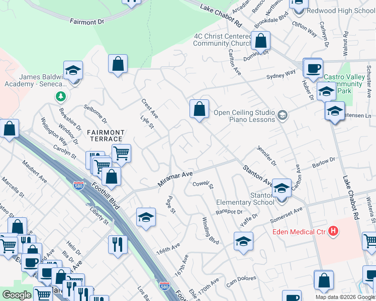 map of restaurants, bars, coffee shops, grocery stores, and more near 19100 Crest Avenue in Castro Valley