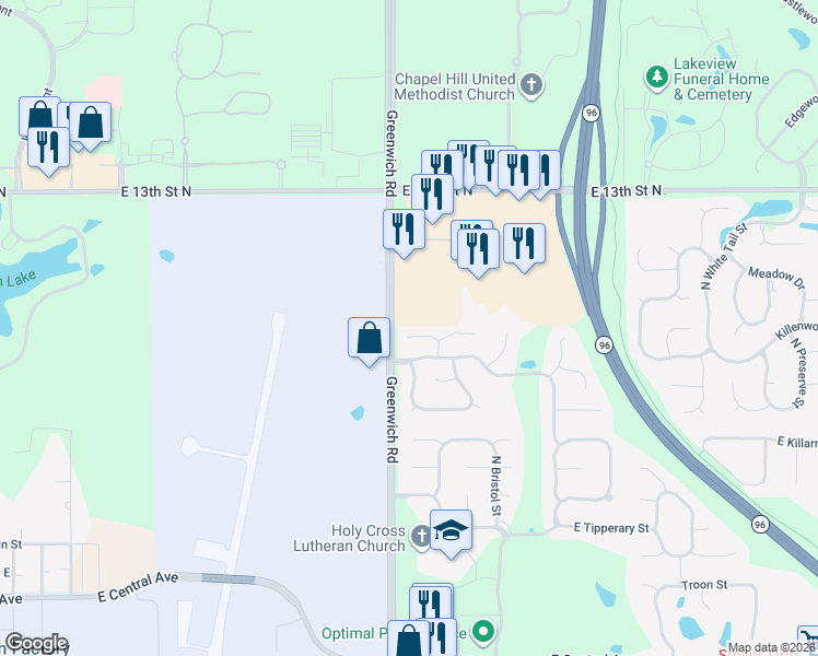 map of restaurants, bars, coffee shops, grocery stores, and more near 11338 East Pine Meadow Court in Wichita