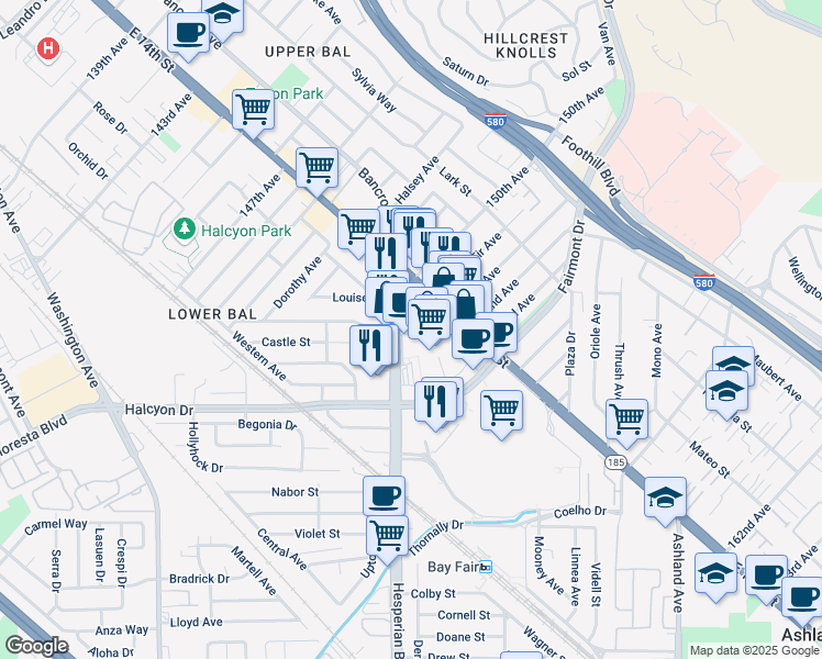 map of restaurants, bars, coffee shops, grocery stores, and more near 15031 Hesperian Boulevard in San Leandro
