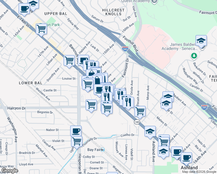 map of restaurants, bars, coffee shops, grocery stores, and more near 1426 153rd Avenue in San Leandro